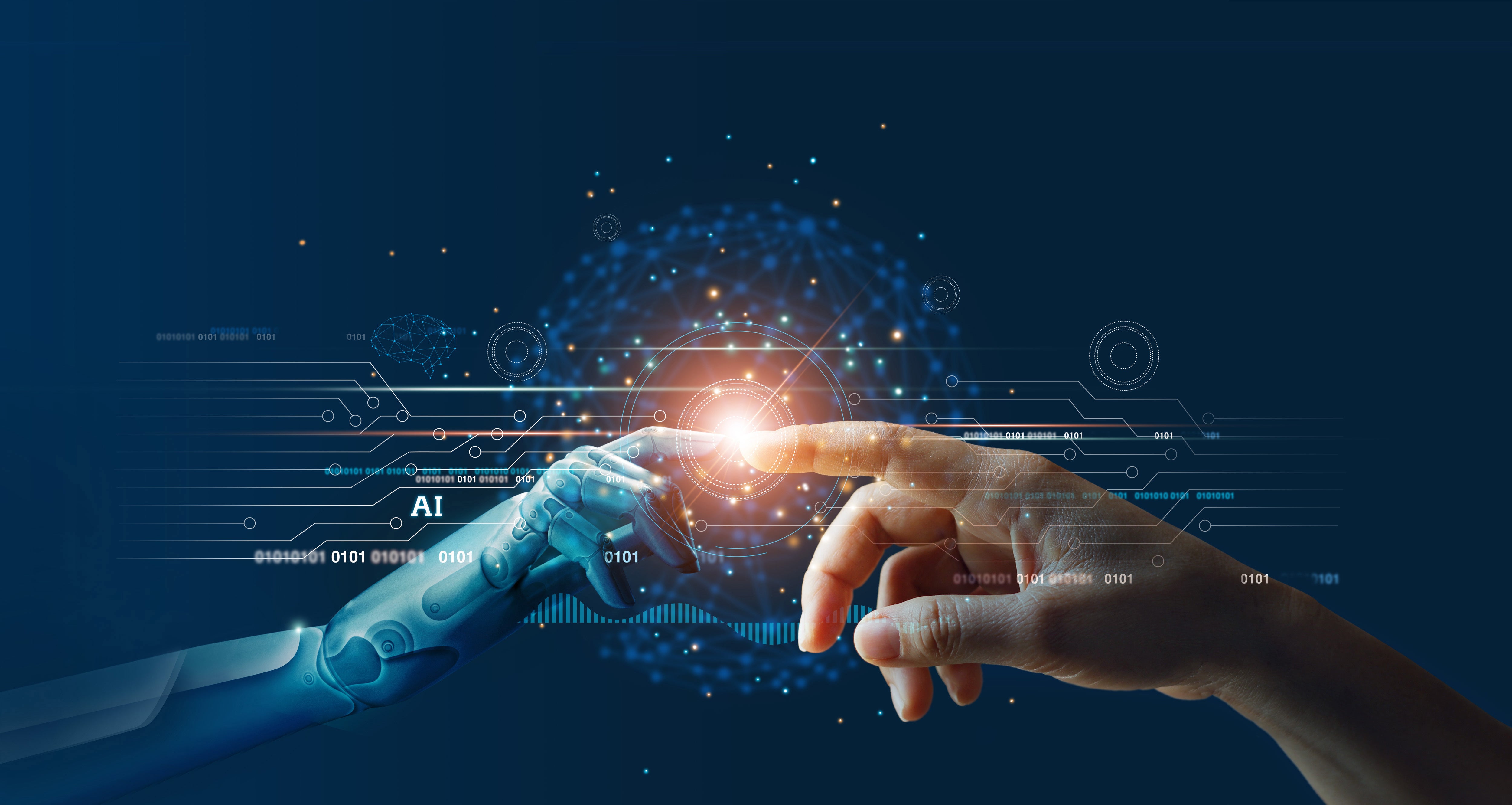 Robot and human hand touching representing the connection between humans and AI.