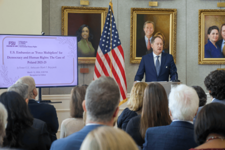 Former U.S. Ambassador Mark Brzezinski’s presentation, “U.S. Embassies as 'Force Multipliers' for Democracy and Human Rights: The Case of Poland 2021-25,” described U.S. embassies as the most effective operational tools for advancing human rights. (Photo provided by the FSU College of Law)