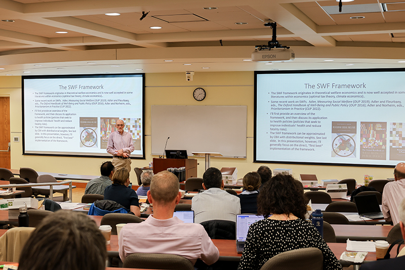 Duke University Professor Matthew Adler presents during the Society for Environmental Law<br />
and Economics meeting.