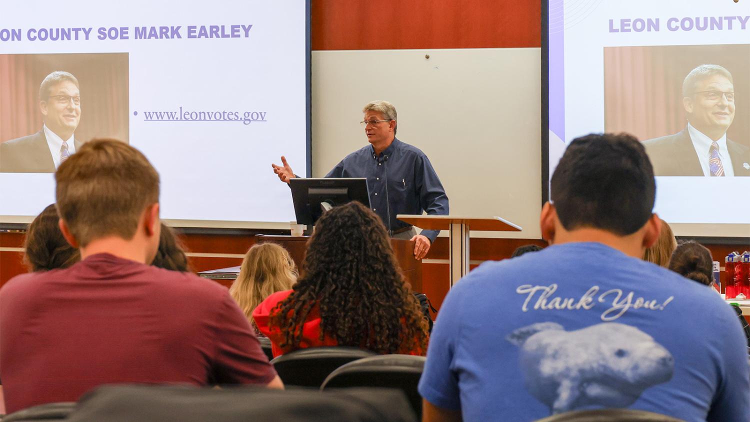 "Election Law guest speaker addressing classroom"