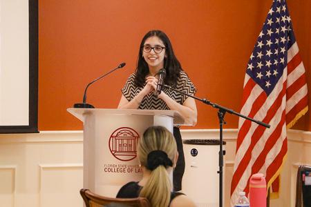 Natalia Rivera-Pacheco speaks about her Public Interest Law Center experiences after being recognized as the Outstanding Clinical Student Advocate Award recipient.